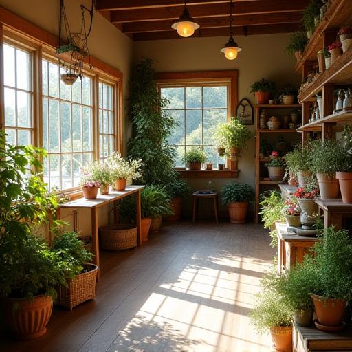 The charming and rustic interior of the Avalon Petals flower shop.